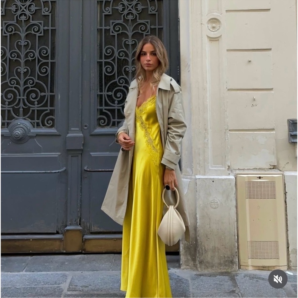 ZARA Yellow Satin Midi Slip Dress with Lace, New Medium - Picture 5 of 17